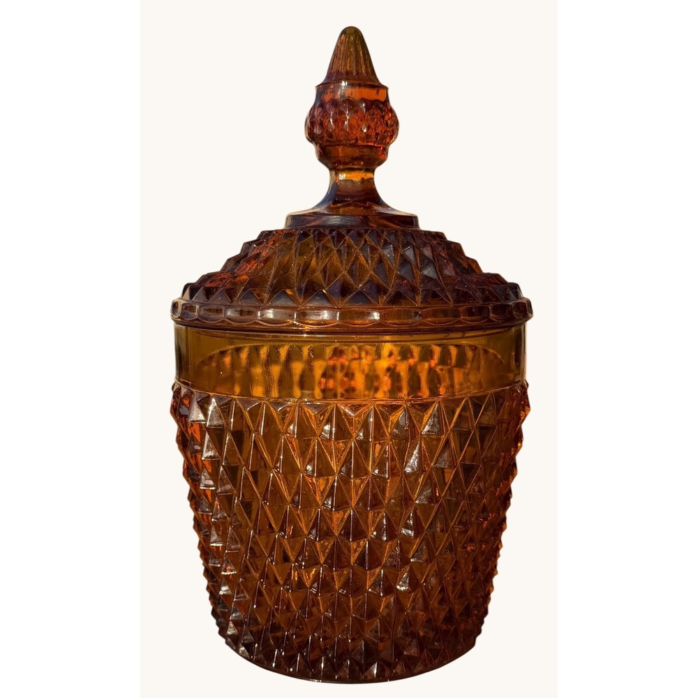 Vintage Indiana Glass Amber Diamond Point Ice Bucket Candy Dish w Lid 10.5"